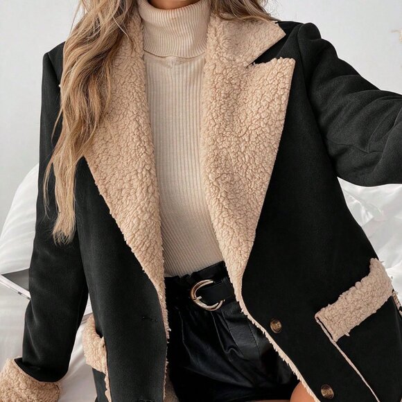 Black Casual Women's Fluffy Colorblock Warm Jacket - Picture 4 of 8